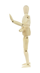 wooden man, wooden mannequin, pushing away gesture with hands, isolated on background
