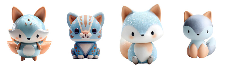 Obraz premium Pack of cute stylized cartoon fox figurines. Plush, pastel, soft, adorable, playful, kawaii, happy