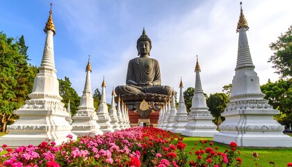 Fototapeta premium Serene Buddha Statue Surrounded by Pagodas and Flowers at Wat Bot Temple Thailand