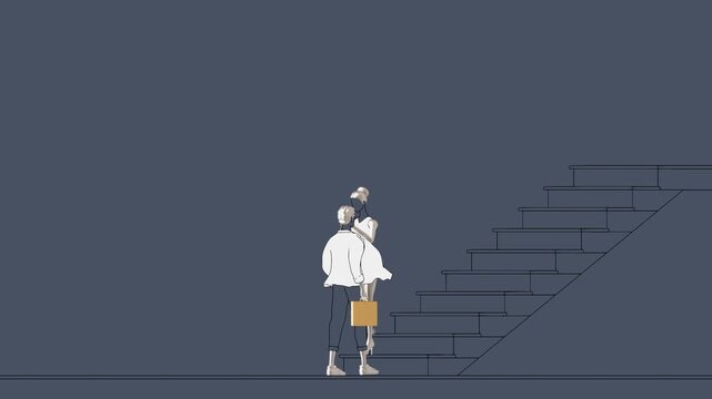 Animated conceptual illustration of businesswoman walking down stairs with smartphone and businessman holding folder walking up stairs symbolizes multitasking, digital communication and modern work dy
