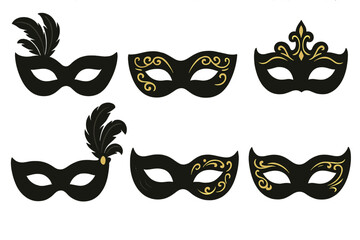 Elegant black masquerade mask set with gold filigree, feathers and Venetian carnival party costume accessories, isolated vector illustration collection on transparent background