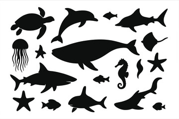 Ocean animal silhouette vector set. Sea creatures collection. Marine life icons. Turtle, dolphin, whale, shark, jellyfish, seahorse, starfish. Underwater wildlife illustration.
