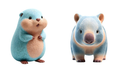 Pack of cute cartoon otter and wombat figurines stand. Adorable, cartoon animals, marsupials, kawaii, sweet, mascot, digital art, soft, design elements.