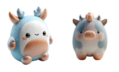 Pack of cute animal figurines stand side-by-side. Adorable, kawaii, plush, cartoon animals, soft, pastel colors, digital art.