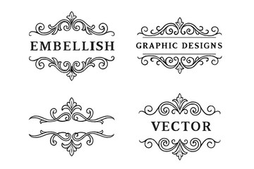 Vintage flourish dividers, swirl frames and scroll separators collection; elegant calligraphic embellishment vector set for branding logos invitations wedding stationery decoration