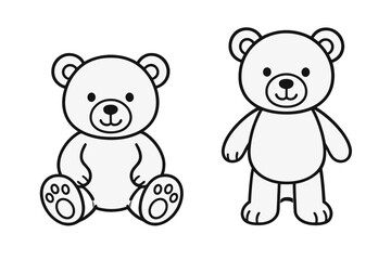 Cute teddy bear character set. Simple line art drawing for coloring book page. Sitting and standing toy bear cartoon illustration. Minimal black and white animal vector icon.
