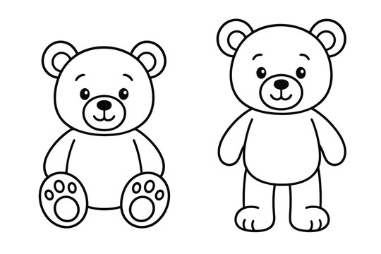 Naklejki Cute teddy bear outline for coloring book page. Vector illustration of sitting and standing toy bears for kids crafts, preschool and educational projects. Simple line art.