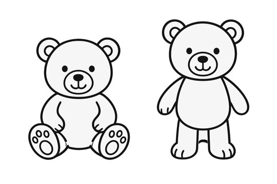 Naklejki Cute teddy bear character set. Simple line art drawing for coloring book page. Sitting and standing toy bear cartoon illustration. Minimal black and white animal vector icon.