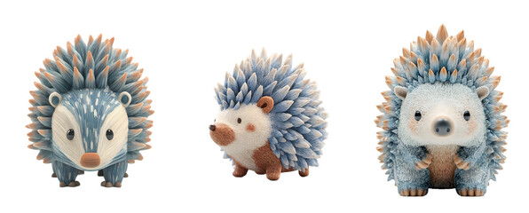 Pack of cute blue cartoon hedgehog figurines. Adorable, plush, animal, kawaii, nature, illustration, character, playful, mascot, soft, happy.
