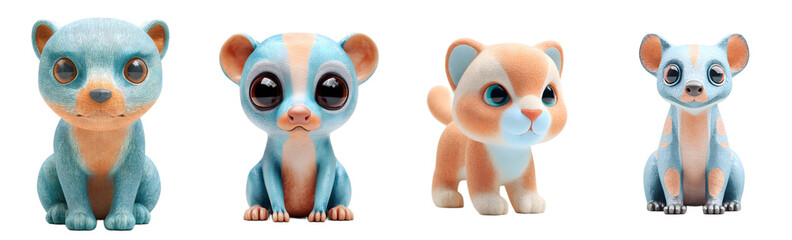 Pack of cute cartoon lemur figurines sitting. Adorable animal characters, plush, blue and orange, big eyes, digital art, sweet.