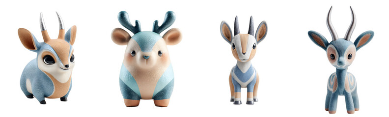 Pack of cute cartoon gazelles pose. Adorable plush animals, sweet, whimsical, charming, fantasy creatures, soft, pastel colors, kawaii style, design elements.
