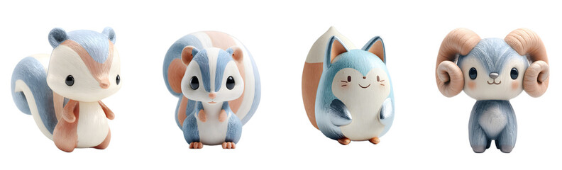 Pack of cute pastel squirrel and ram figurines. Animal, adorable, kawaii, plush, mascot, ram, cartoon, squirrel, happy, playful, sweet, toy