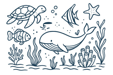 Fototapeta premium Sea animals doodle set. Hand drawn underwater life collection with whale, turtle, clownfish, angelfish, starfish, coral. Marine ocean nature vector line art cartoon.