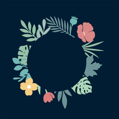 Round floral frame with bright flowers monstera and palm leaves on dark blue background. Flat style
