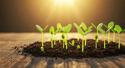 Bright Green Seedlings Growing in Soil with Warm Sunlight