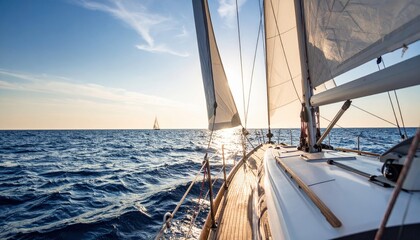 Obraz premium Sailboat At Sunset On The Open Ocean