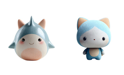 Pack of cute cartoon figures, a shark and a cat, stand. Adorable mascots, kawaii style, plush, blue, peach, animal, soft, playful, cartoon, happy.
