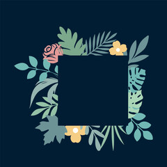 Square floral frame for greeting card on dark background. Flat and outline style illustration