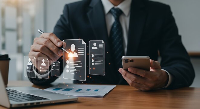 Professional reviewing candidate information on holographic interface with smartphone and pen - Powered by Adobe