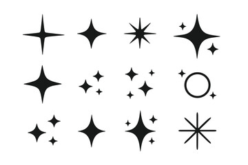 Black twinkle star icon collection with sparkle burst, glitter shine, lens flare and glowing decorative celestial silhouette elements, vector design set on transparent background