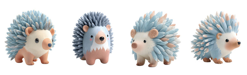 Pack of cute cartoon hedgehog figurines. Adorable plushies, whimsical, sweet, blue, animal, soft, mascot, digital art, playful, kawaii, friendly