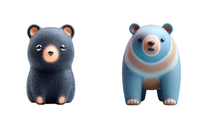 Two cute bear figurines stand side-by-side. Plush cartoons, adorable mascots, animal figures, cartoon figures, blue and black, soft, cuddly.