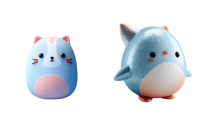 Pack of cute cartoon cat and bird figurines. Whimsical, adorable animals, plush cartoons, pastel, soft, fuzzy, children's, playful, gentle, sweet.