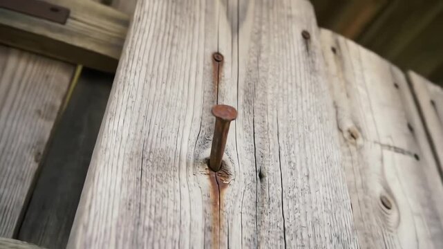 Rusty nail hammered into weathered wooden planks, showcasing rustic details and a light background