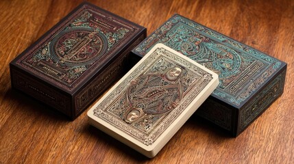 Ornate playing card boxes displayed on a wooden surface.