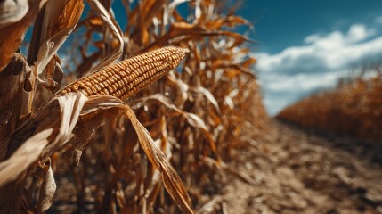 Obraz premium Close-up of ripe corn cob in autumn field with morning dew and soft focus background.