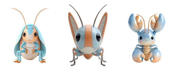 Pack of cute cartoon bug figures, whimsical characters.  Adorable, pastel, plush, insects, mascot, animal, digital art