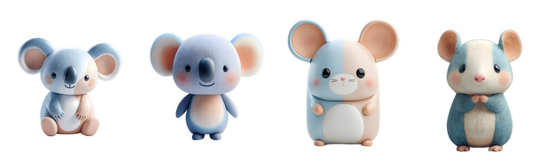 Pack of cute blue cartoon animals stand. Koala, mouse, kawaii, soft, plush, happy, mascot, cartoon, playful, adorable, digital art, 3d render.