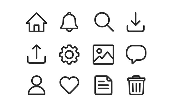 Modern universal line icon set for web and mobile apps. Editable vector symbols for user interface design. Includes home, search, like, and profile icons.