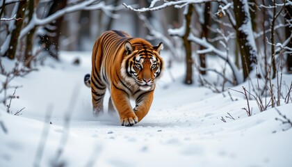 Obraz premium a tiger walking in a snow covered landscape. the tiger's fur is patterned with stripes and it appears to be moving forward