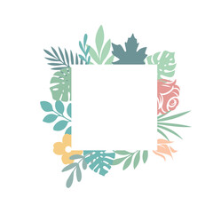 Square floral frame with bright flowers monstera and palm leaves on white background. Flat style