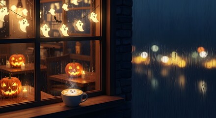 Cozy Halloween Window on a Rainy Night with Ghost Lights