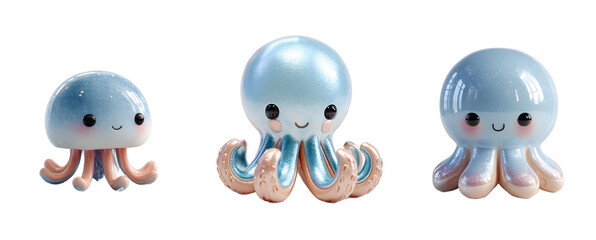 Pack of cute cartoon octopuses with blush cheeks. Adorable plush, kawaii, sea creatures, sweet, animal, soft, cartoon, happy, digital art, playful