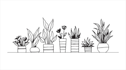 A single continuous line drawing featuring house plants in pots. Succulents and lovely flowers for an apartment in a straightforward linear style. Editable stroke vector illustration.

