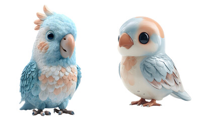 Pack of cute cartoon bird figurines. Adorable, soft, plush, happy, animal, playful, character, pastel colors, art, design, toy