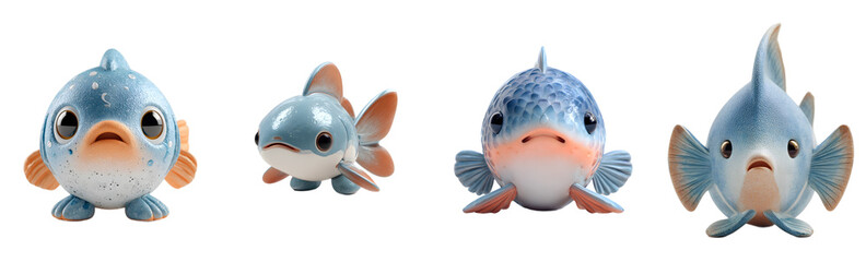 Pack of cute blue fish character figurines. Adorable sea animals, plush cartoon, aquatic, kawaii, cheerful, friendly, play, pet, happy.