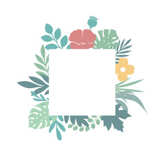 Square floral frame with bright flowers monstera and palm leaves on white background. Flat style