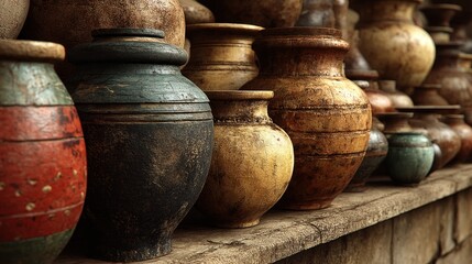 Rustic handmade clay pots in earthy tones stacked closely together outdoors.