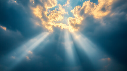 Sunbeams shining through dramatic clouds with golden light rays breaking through moody blue sky creating peaceful atmosphere