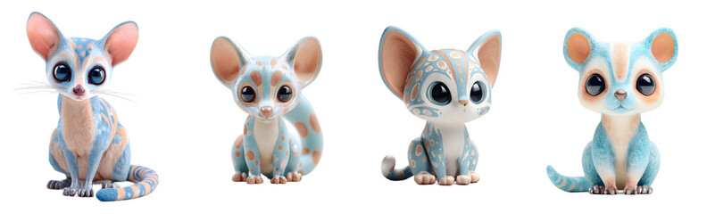 Pack of cute blue stylized genet cartoons. Adorable, mammal, charm, plush, mascot, kawaii, cartoon, digital art, blue, fantasy, sweet, playful.