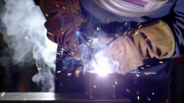 Industrial Welding Work Involving Sparks and Smoke with a Worker Wearing Protective Gear