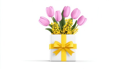 Gift box with pink tulips yellow flowers on white background