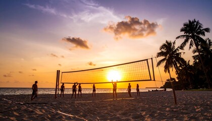 Silhouette of people playing volleyball on a tropical beach during sunset scene