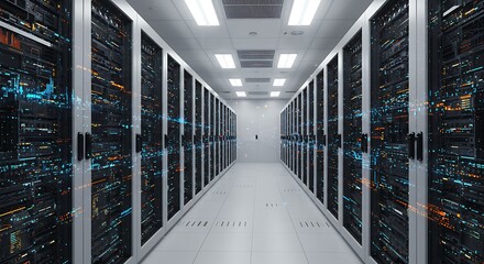 White Server Room Hallway with Electronic Data Overlay