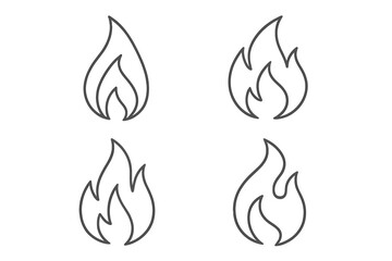 Flame icon set with minimalist fire outline designs. Vector illustration on transparent background. Simple line art symbol for heat, hot, energy, flammable, danger concepts.