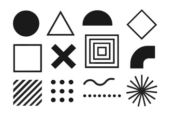 Big set of universal geometric and abstract shapes. Minimalist basic figures for logo design, backgrounds, and modern branding. Vector illustration of primitive forms.